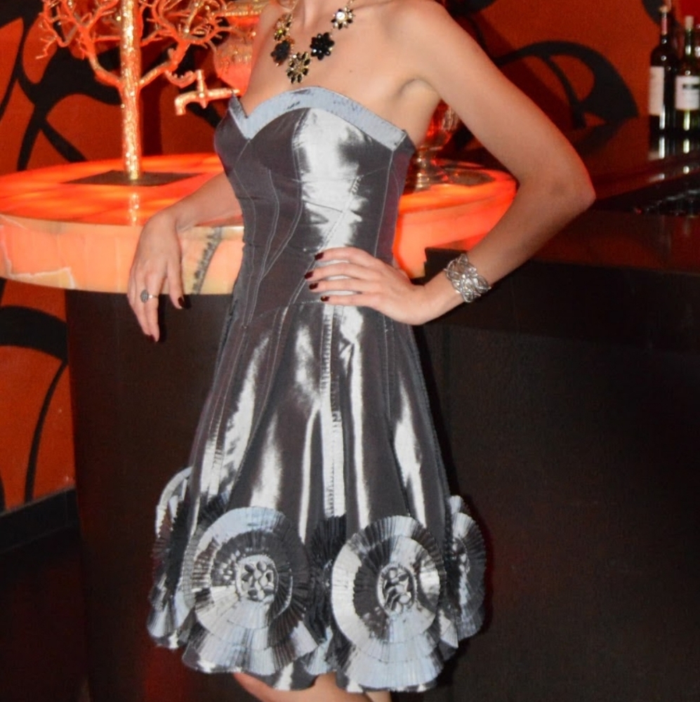 Basix Black Label Silver strapless gown dress